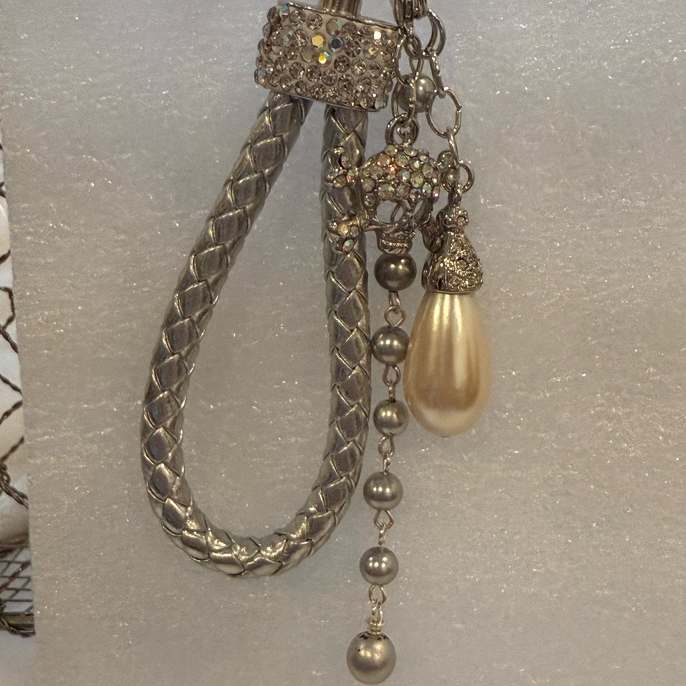 Silver Braided Skull & Pearl Keychain - Rhinestone Punk Glam Purse Charm - New
